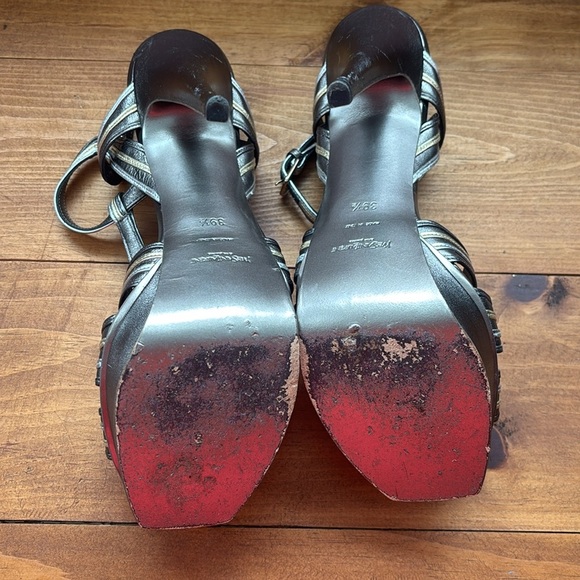 Yves Saint Laurent | Leather Metallic Silver and Gold Tribute Platform Sandals - Picture 13 of 15